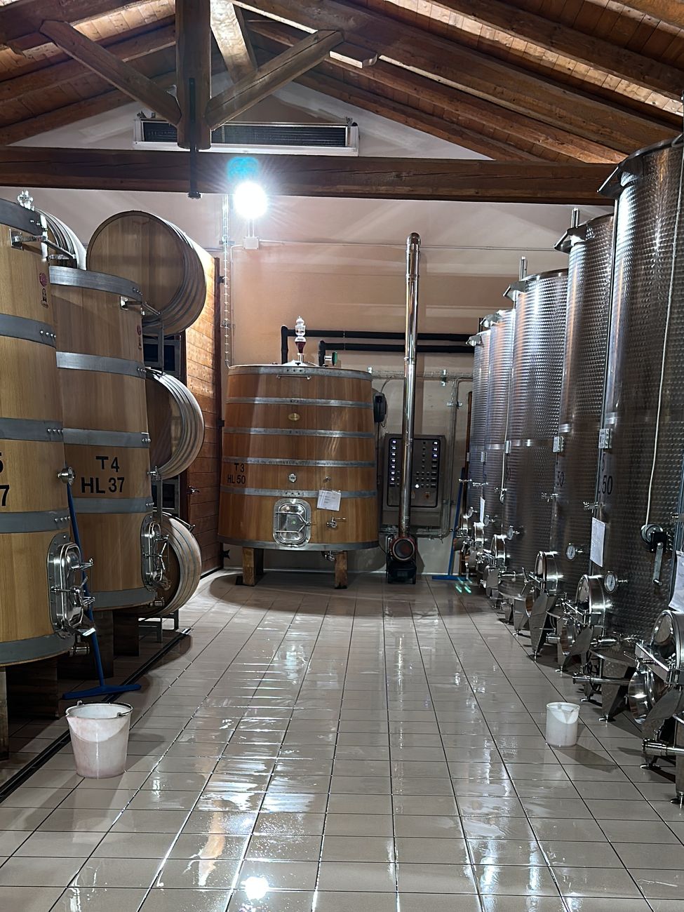 Il corridoio della cantina, tra tini di legno e vasche d&rsquo;acciaio
